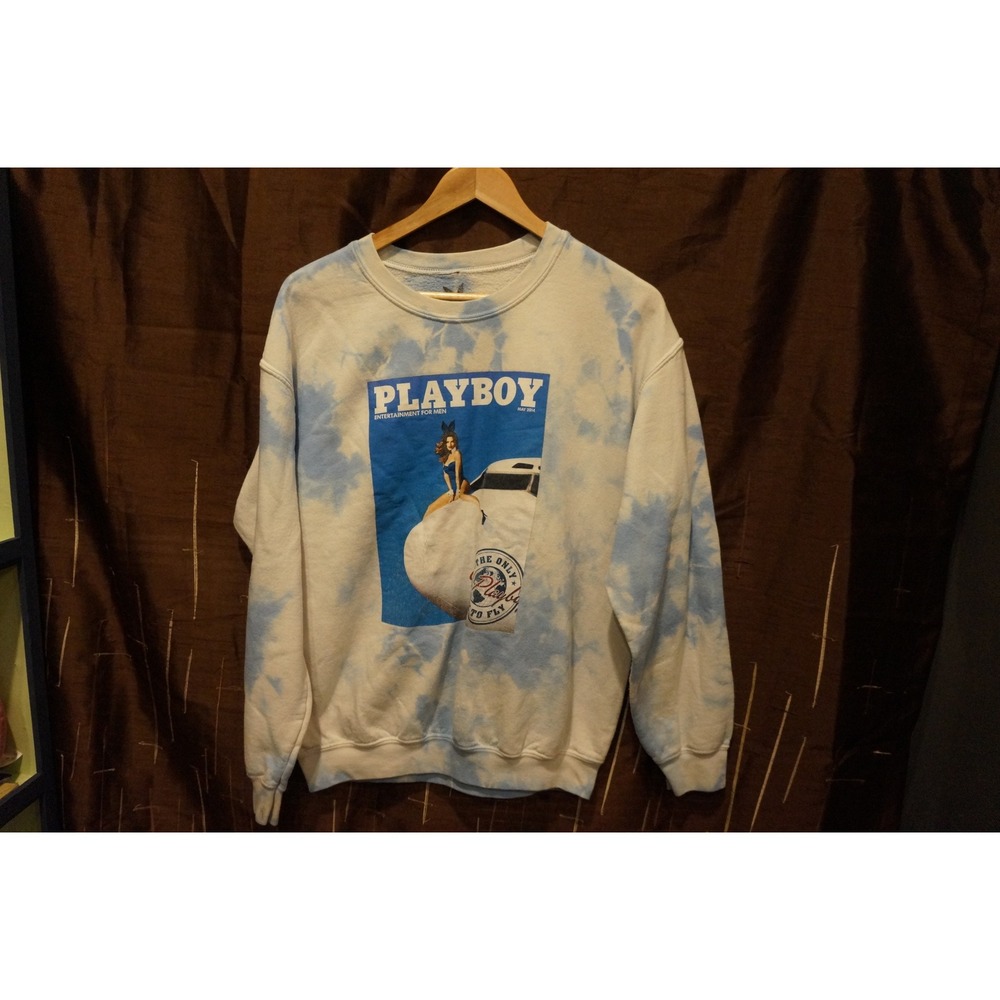 Playboy Tie Dye Graphic Sweatshirt Blue White May 2014 Magazine Cover Small